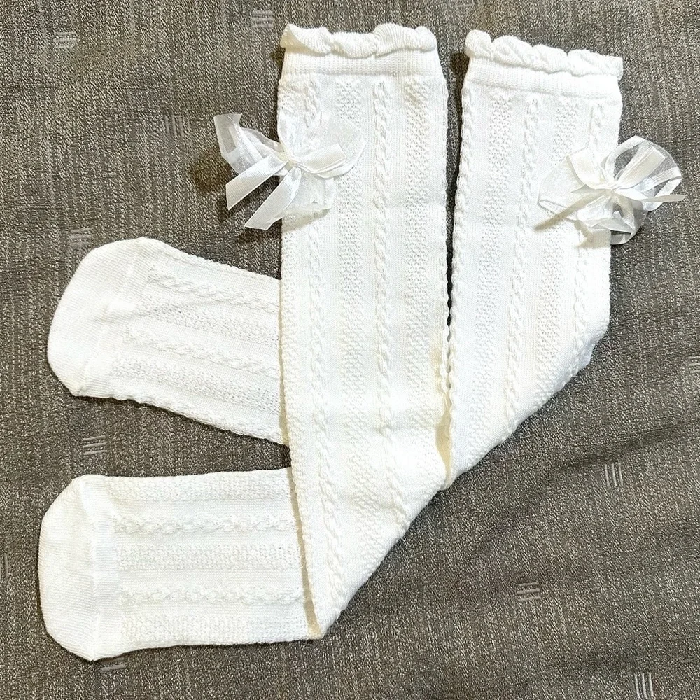 Women’s White Knee Socks w/ Lace Bows Girls Socks NEW